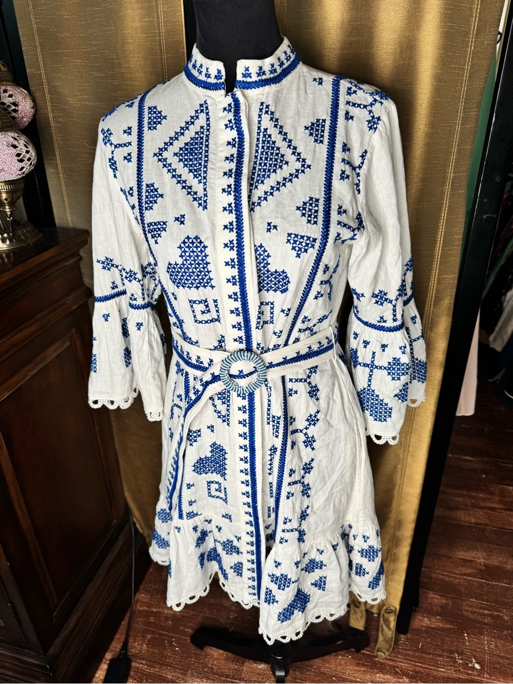 FARM Rio White Blue Cross Stitch Embroidered Midi Dress Band Collar Belt M - Picture 2 of 8